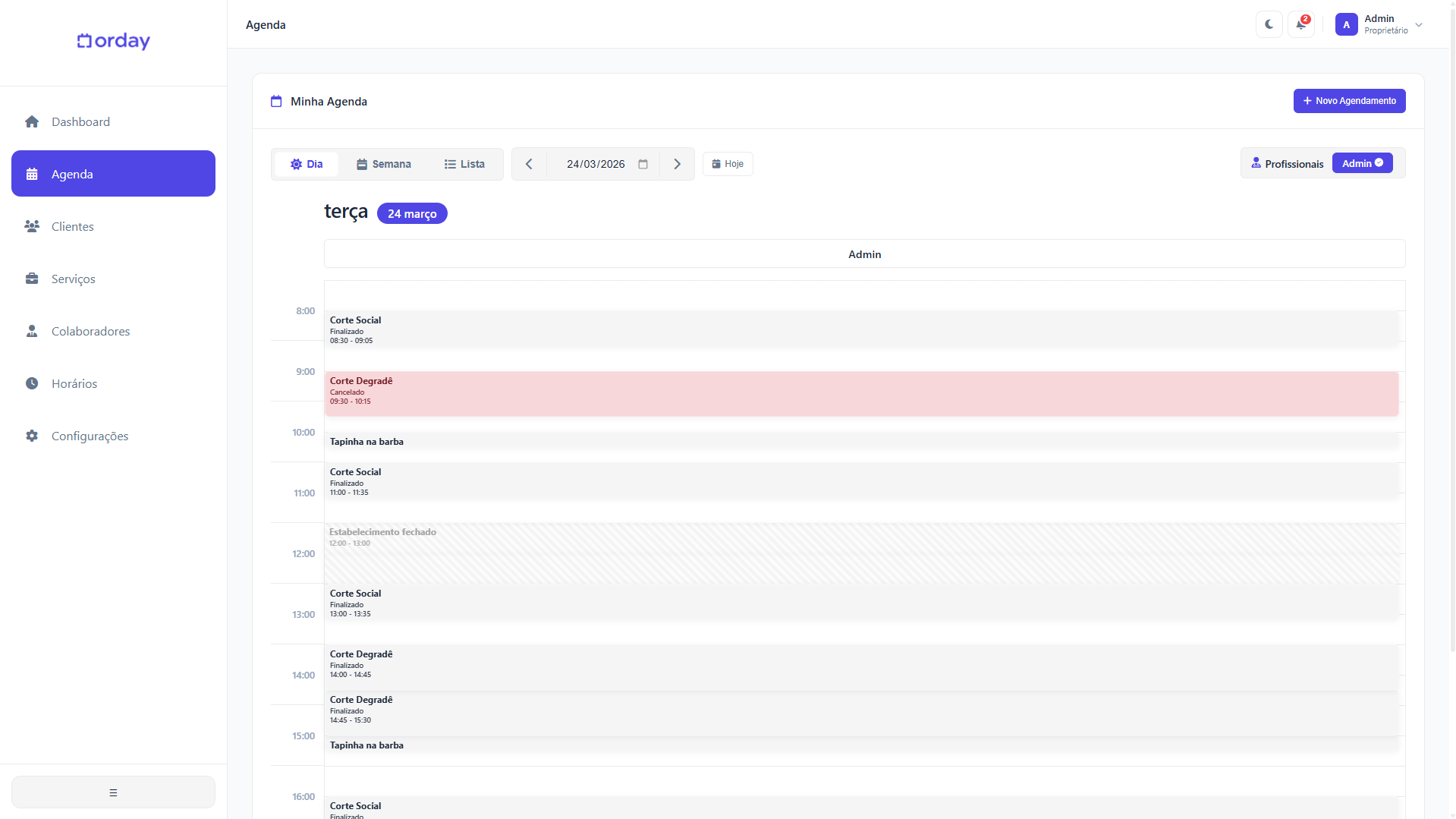 Visão da agenda semanal no sistema