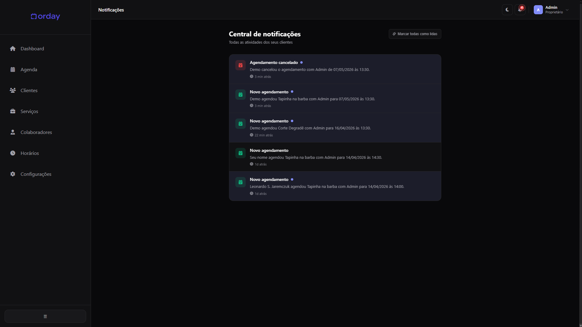 Central de notificações com avisos importantes do sistema